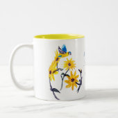 Floral Bird Art, Yellow Sunflower Tweekleurige Koffiemok (Links)