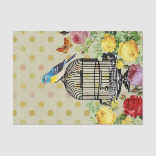 Floral Bird Cage Ephemera ontkoppeling Vintage Tissuepapier (Voorkant)