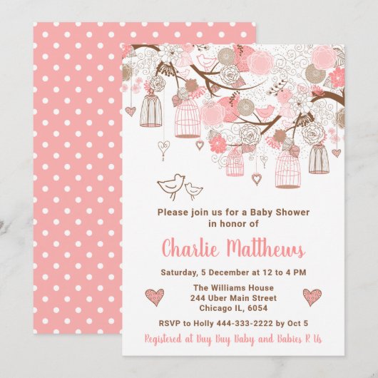 Floral Bird Cages Roze Baby shower Kaart (Voorkant / Achterkant)