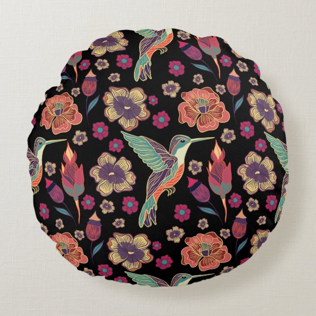Floral Bird Design | op natuur geïnspireerd kunstw Rond Kussen (Voorkant)