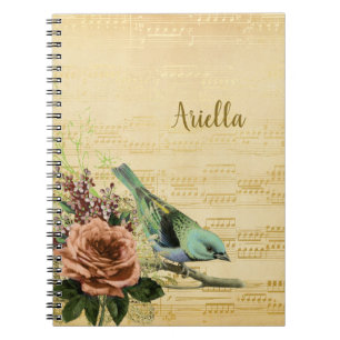  Floral Bird Gold Music Persoonlijke naam Notitieboek