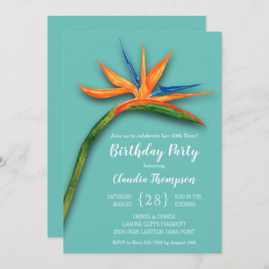 Floral Bird of Paradise Birthday Invitation (Voorkant / Achterkant)