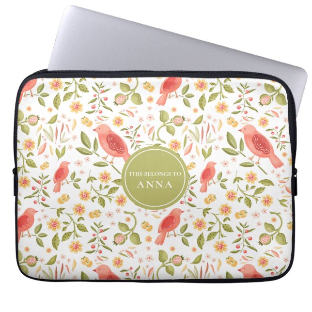 Floral Bird Pattern – Elegant Botanical Design Laptop Sleeve (Voorkant)