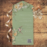 Floral & Bird Sage Green QR Code All In One Uitnodiging<br><div class="desc">BESCHIKBAAR MET OF ZONDER EEN QR-CODE OF MET OF ZONDER DINER SELECTION OPTIONS. Dit ontwerp is voorzien van een verouderde groene achtergrond met een mooie florale spray van bruin,  wit en goud. Een mooie vogel maakt de  blik compleet. Creëer door Simply Farmhouse Press.</div>