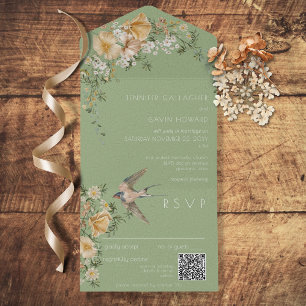  Floral & Bird Sage Green QR Code All In One Uitnodiging