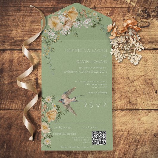  Floral & Bird Sage Green QR Code All In One Uitnodiging
