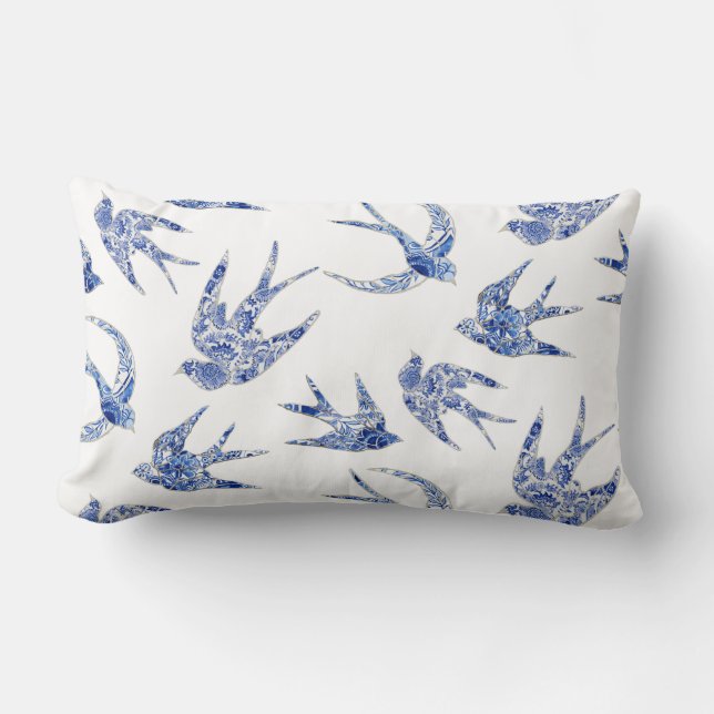 Floral Bird Swallow Blue White Chinoiserie  Kussen (Voorkant)