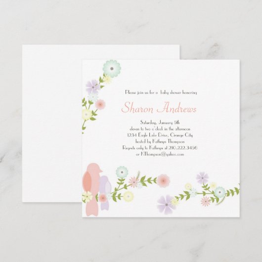 Floral Birds Baby shower Invitation Kaart (Voorkant / Achterkant)