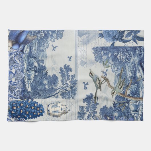 Floral Birds English Garden Toile Blue and White Theedoek (Horizontaal)