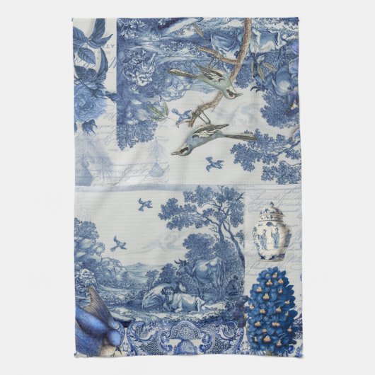 Floral Birds English Garden Toile Blue and White Theedoek (Verticaal)
