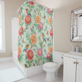 Floral Birds Pattern on Mint Background (11) Douchegordijn (In situ)
