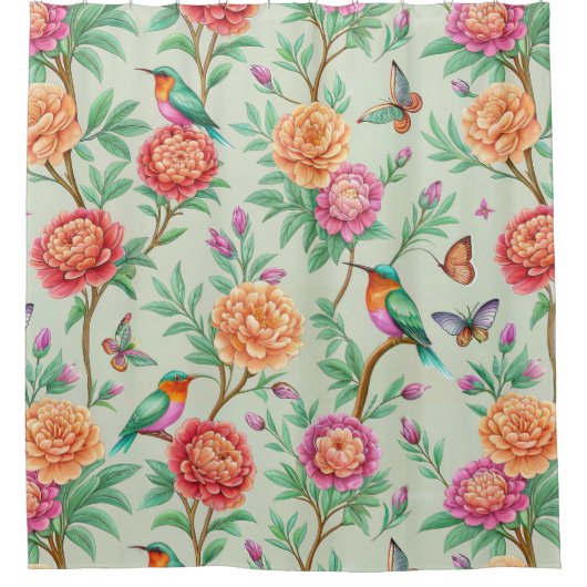 Floral Birds Pattern on Mint Background (11) Douchegordijn (Voorkant)