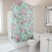 Floral Birds Pattern on Mint Background (1) Douchegordijn (In situ)