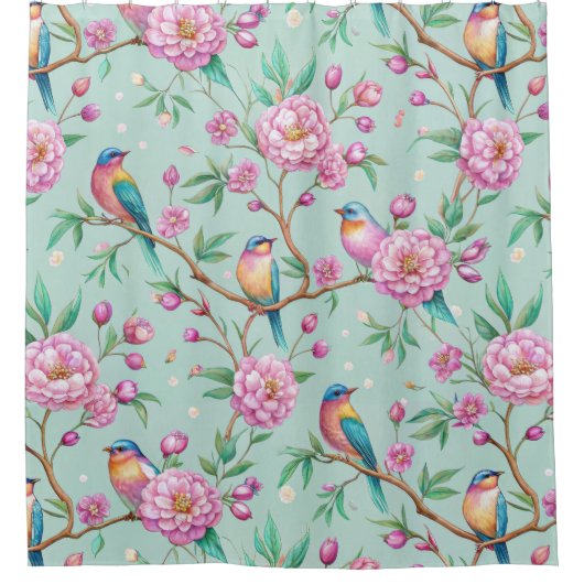 Floral Birds Pattern on Mint Background (1) Douchegordijn (Voorkant)