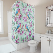 Floral Birds Pattern on Mint Background (3) Douchegordijn (In situ)