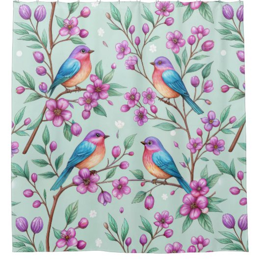 Floral Birds Pattern on Mint Background (3) Douchegordijn (Voorkant)