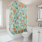 Floral Birds Pattern on Mint Background (6) Douchegordijn (In situ)