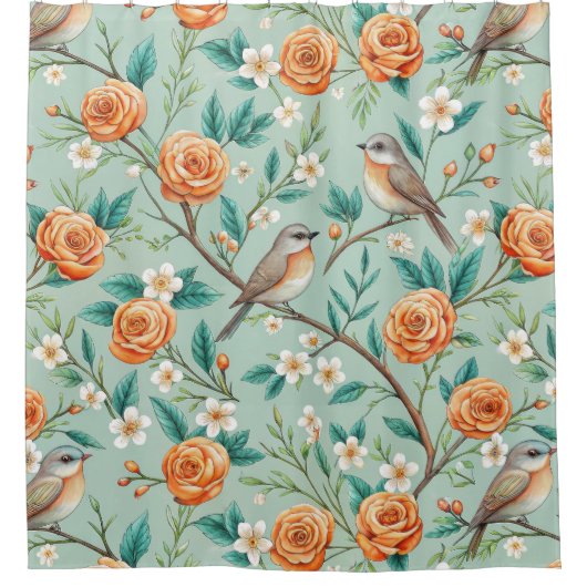 Floral Birds Pattern on Mint Background (6) Douchegordijn (Voorkant)