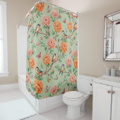Floral Birds Pattern on Mint Background (7) Douchegordijn (In situ)