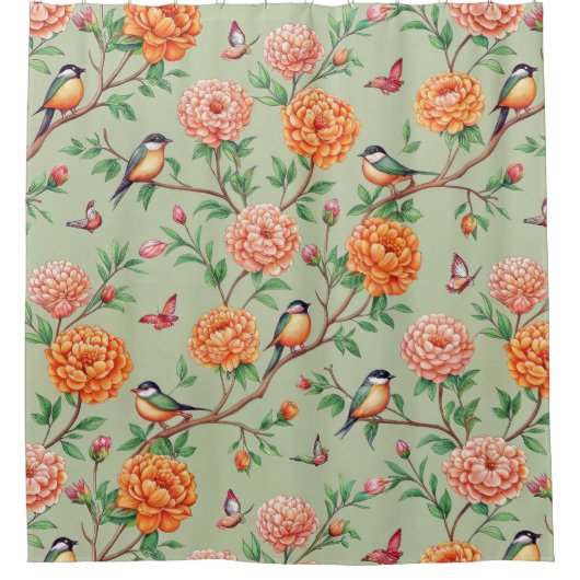 Floral Birds Pattern on Mint Background (7) Douchegordijn (Voorkant)