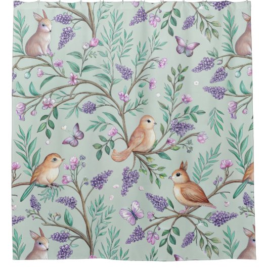 Floral Birds Pattern on Mint Background (9) Douchegordijn (Voorkant)