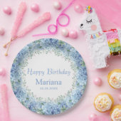 Floral Birthday Blue Hydrangeas Waterverf Papieren Bordje (Feest)