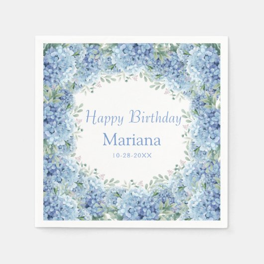 Floral Birthday Blue Hydrangeas Waterverf Servet (Voorkant)