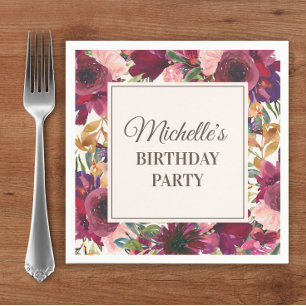 Floral Birthday Burgundy Pink Waterverf Servet
