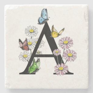 Floral Birthday Butterfly Monogram A Stenen Onderzetter