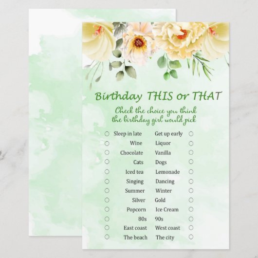 Floral Birthday Dit of dat spel (Voorkant / Achterkant)