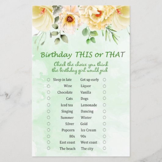 Floral Birthday Dit of dat spel (Voorkant)