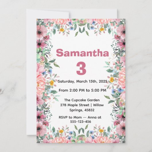 Floral Birthday Invitation, Wildflowers Birthday  Kaart (Voorkant)
