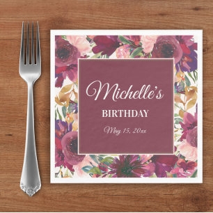 Floral Birthday Name van de Waterverf Burgundy Pin Servet