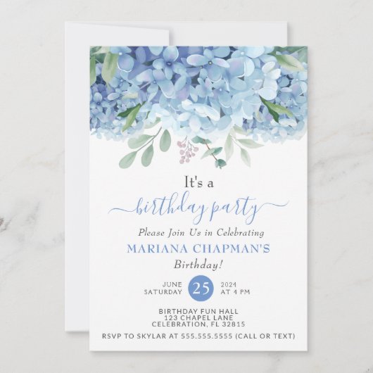 Floral Birthday Party Blue Hydrangeas Waterverf Kaart (Voorkant)