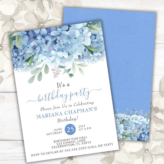 Floral Birthday Party Blue Hydrangeas Waterverf Kaart