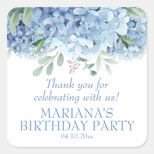 Floral Birthday Party Favor Hydrangeas Waterverf Vierkante Sticker (Voorkant)