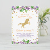 Floral Birthday Party Gold Unicorn Waterverf Kaart (Staand voorkant)
