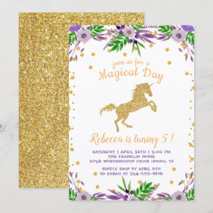 Floral Birthday Party Gold Unicorn Waterverf Kaart