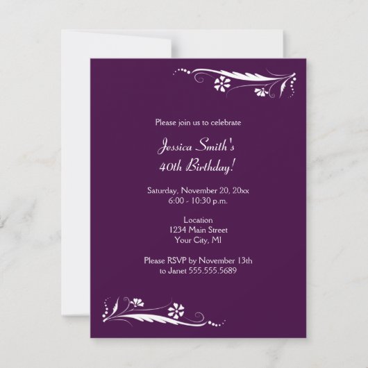 Floral Birthday Party Invitations in Dark Paars Kaart (Voorkant)