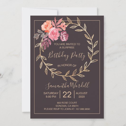 Floral Birthday Party Pink Burgundy on Slate Grey Kaart (Voorkant)