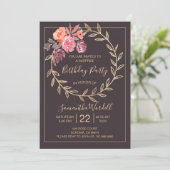 Floral Birthday Party Pink Burgundy on Slate Grey Kaart (Staand voorkant)