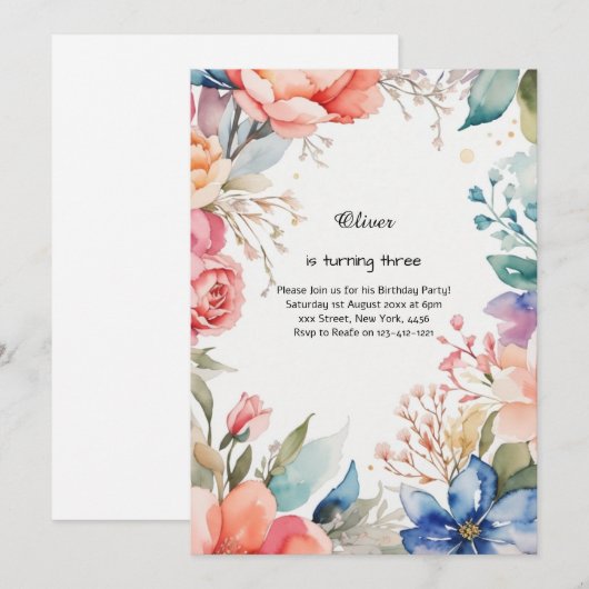 Floral Birthday Uitnodiging (Voorkant / Achterkant)