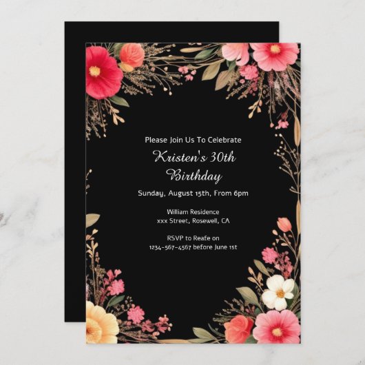 Floral Birthday Uitnodiging (Voorkant / Achterkant)