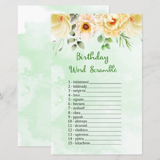 Floral Birthday Word Scramble Game (Voorkant / Achterkant)