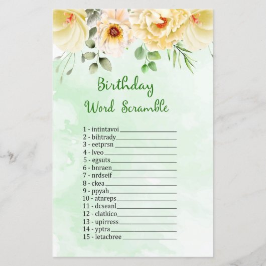 Floral Birthday Word Scramble Game (Voorkant)