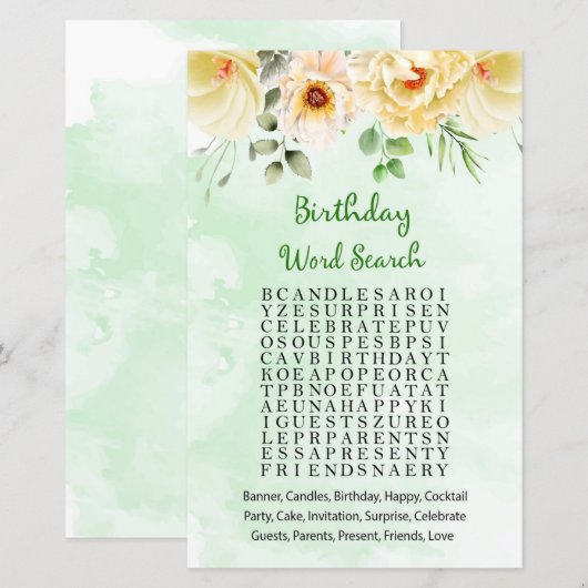 Floral Birthday Word Search Game (Voorkant / Achterkant)