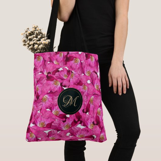 Floral blaast roze patroon op. Monogram. Tote Bag (Dichtbij)