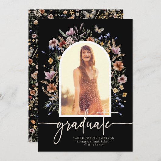 Floral Black Afstuderen Aankondiging (Voorkant / Achterkant)