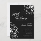 Floral Black and White 90th Birthday Kaart (Voorkant)