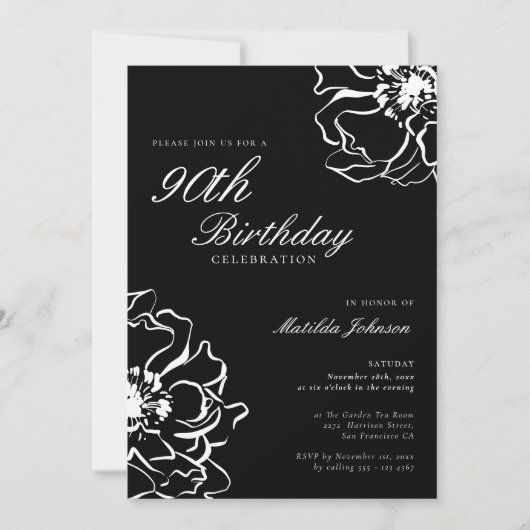 Floral Black and White 90th Birthday Kaart (Voorkant)